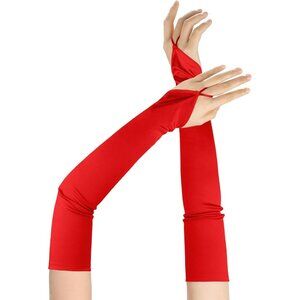 Women's Fingerless Red Satin Long Gloves Elbow Length Wedding Party Prom